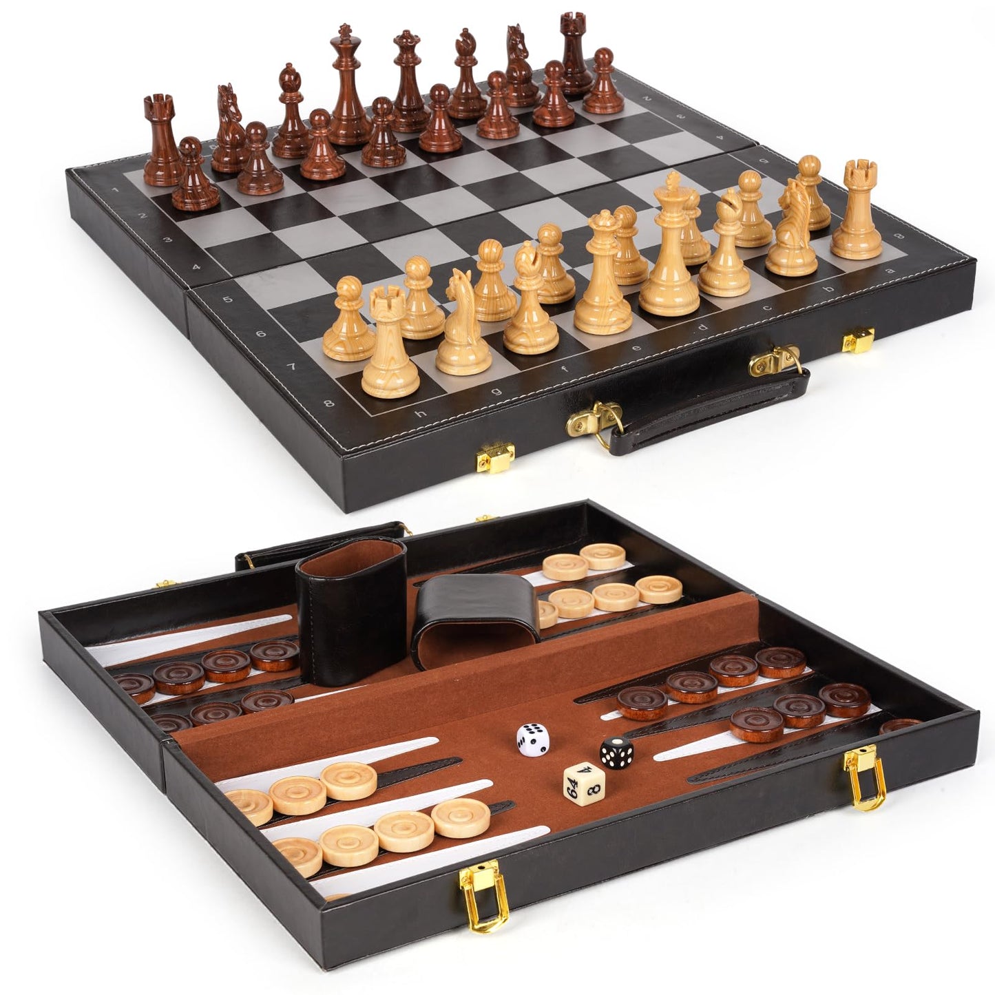 Chess Checkers Backgammon Set 3-in-1 Board Games Sets for Kids & Adults,15" Folding Magnetic Chess Set Leather Chess Board Strategy Game Portable Travel Chess Game with Magnetic Chess Pieces