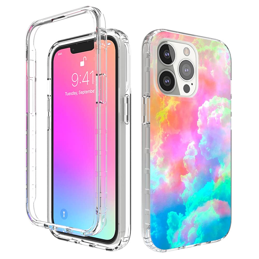 Peachy Life for iPhone 13 Pro Case Fun Rainbow Ink Style Colorful Clouds Pattern Heavy Duty Shockproof Hybrid Dual-Layered Soft TPU Shell+PC Frame Protective Case 6.1" (Blue/Pink Ink)