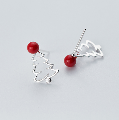 S925 Silver Christmas Earrings with Cute Hat and Tree