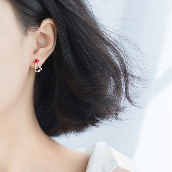 S925 Silver Christmas Earrings with Cute Hat and Tree