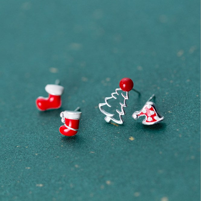 S925 Silver Christmas Earrings with Cute Hat and Tree