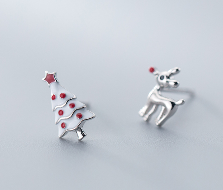 S925 Silver Cute Asymmetric Christmas Tree Earrings