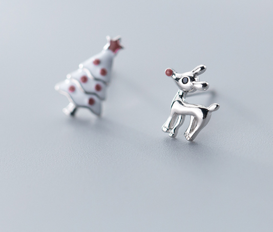 S925 Silver Cute Asymmetric Christmas Tree Earrings