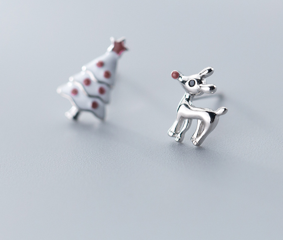 S925 Silver Cute Asymmetric Christmas Tree Earrings
