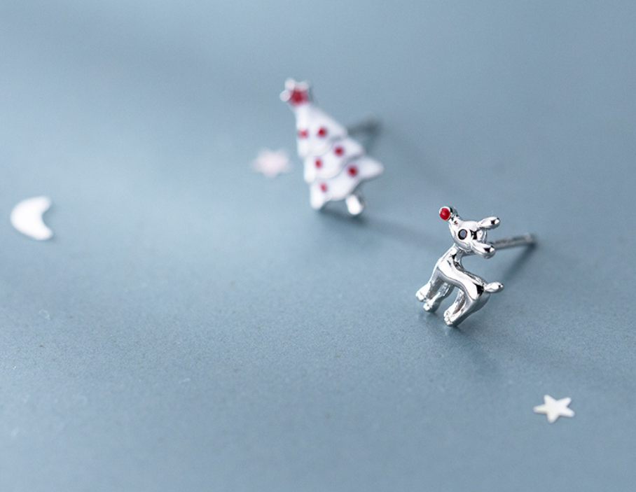 S925 Silver Cute Asymmetric Christmas Tree Earrings