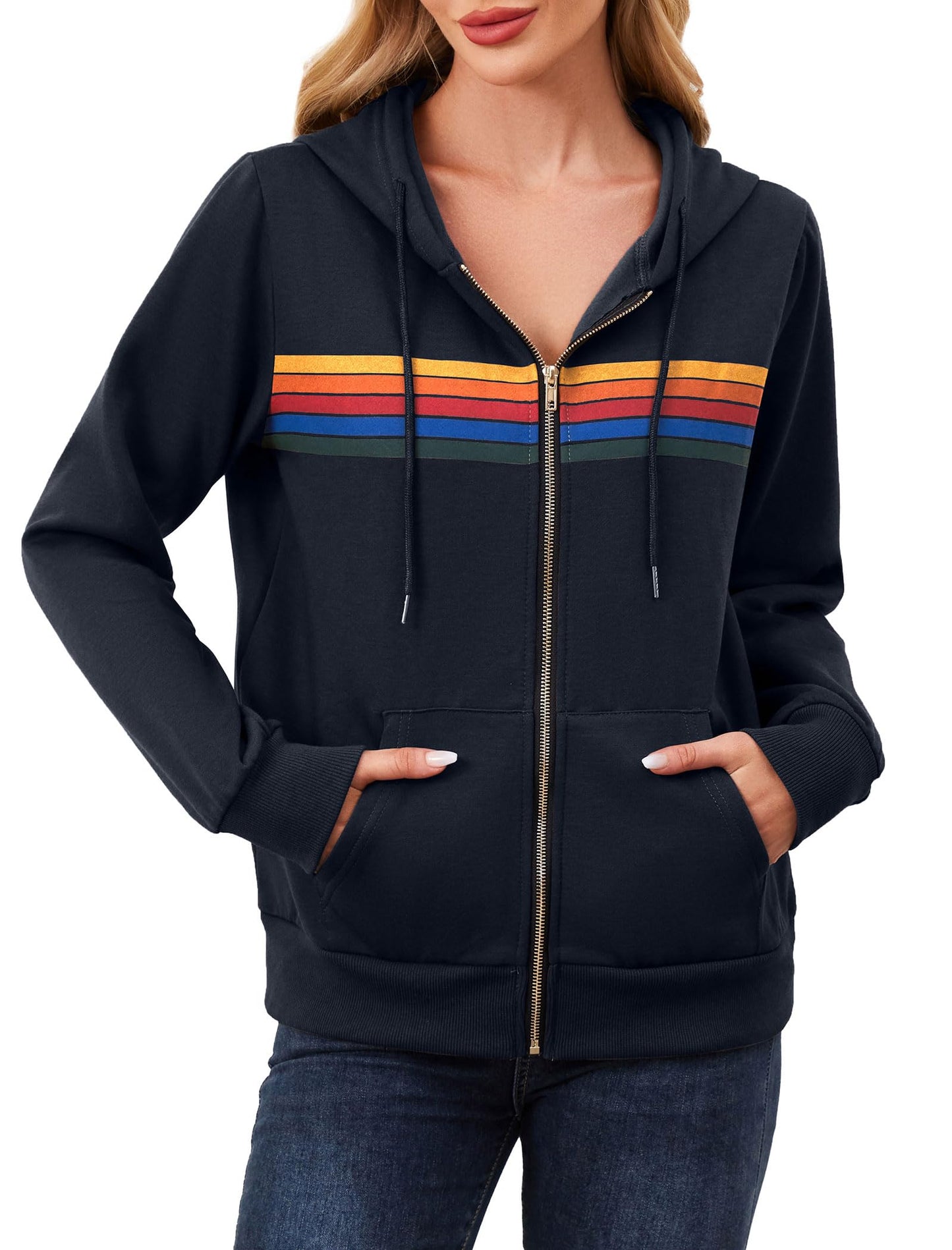 Soamat Womens Full Zip Up Hoodie Long Sleeve Front Striped Sweatshirts Jackets Casual Comfy Fall Outfits Winter Clothes Navy